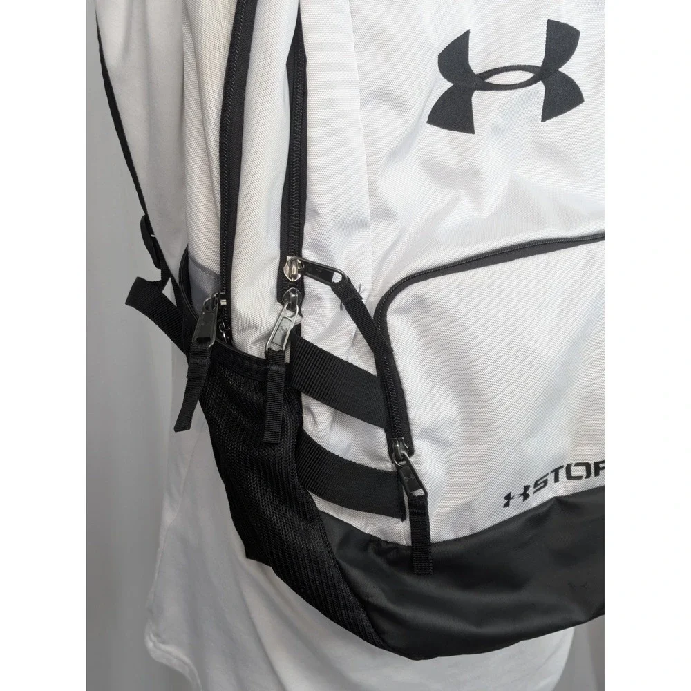 Under Armour UA Storm White Black Backpack Laptop School Gym Book Bag 20x14x5